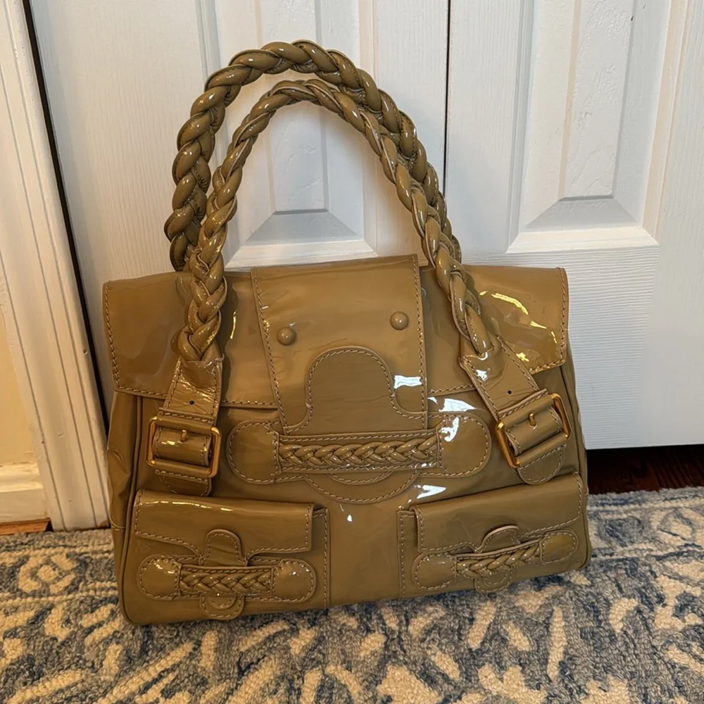 Valentino Garavani Camel Brown Braided-Handle Patent Satchel - Picture 2 of 13